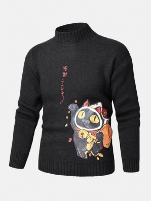 Herren Cartoon Cat & Ethnic Style Character Pattern High Neck Strickpullover Pullover