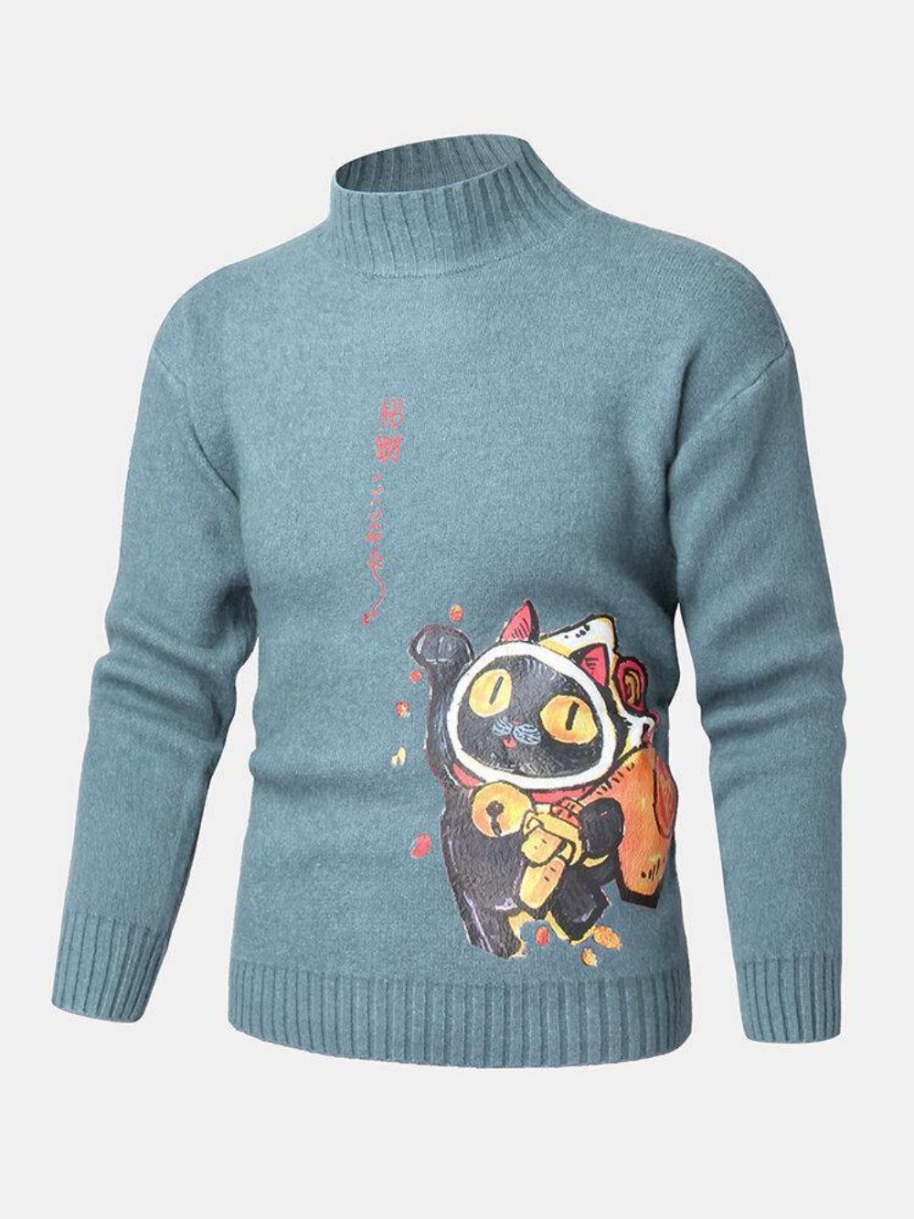 Herren Cartoon Cat & Ethnic Style Character Pattern High Neck Strickpullover Pullover