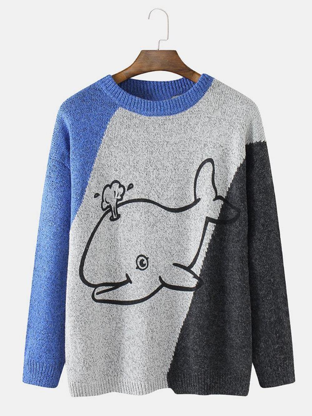 Herren Cartoon Whale Graphics Colorblcok Langarm Süße Strickpullover