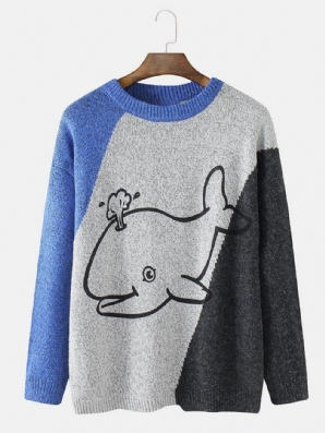 Herren Cartoon Whale Graphics Colorblcok Langarm Süße Strickpullover