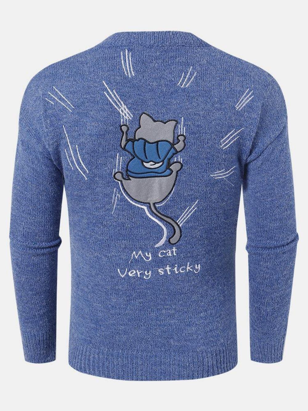 Herren-Strickpullover Mit Rundhalsausschnitt Cartoon-Katze Buchstabe-Stickerei