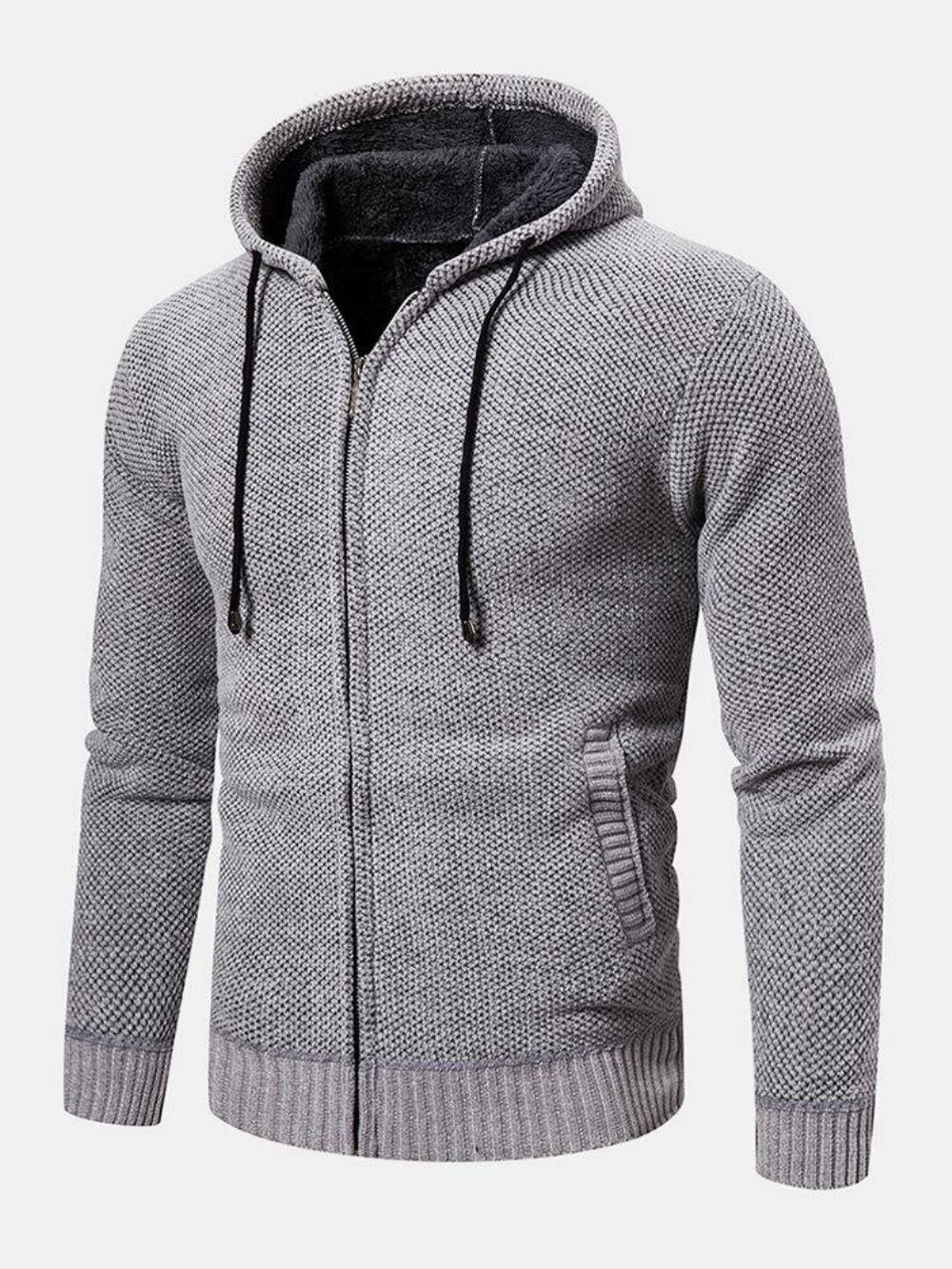 Herren Strickreißverschluss Vorne Einfarbig Warm Langarm Kapuzenpullover Hoodie Jacke