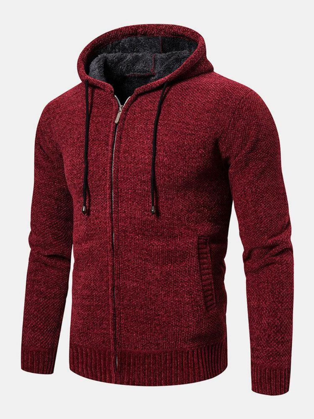 Herren Strickreißverschluss Vorne Einfarbig Warm Langarm Kapuzenpullover Hoodie Jacke