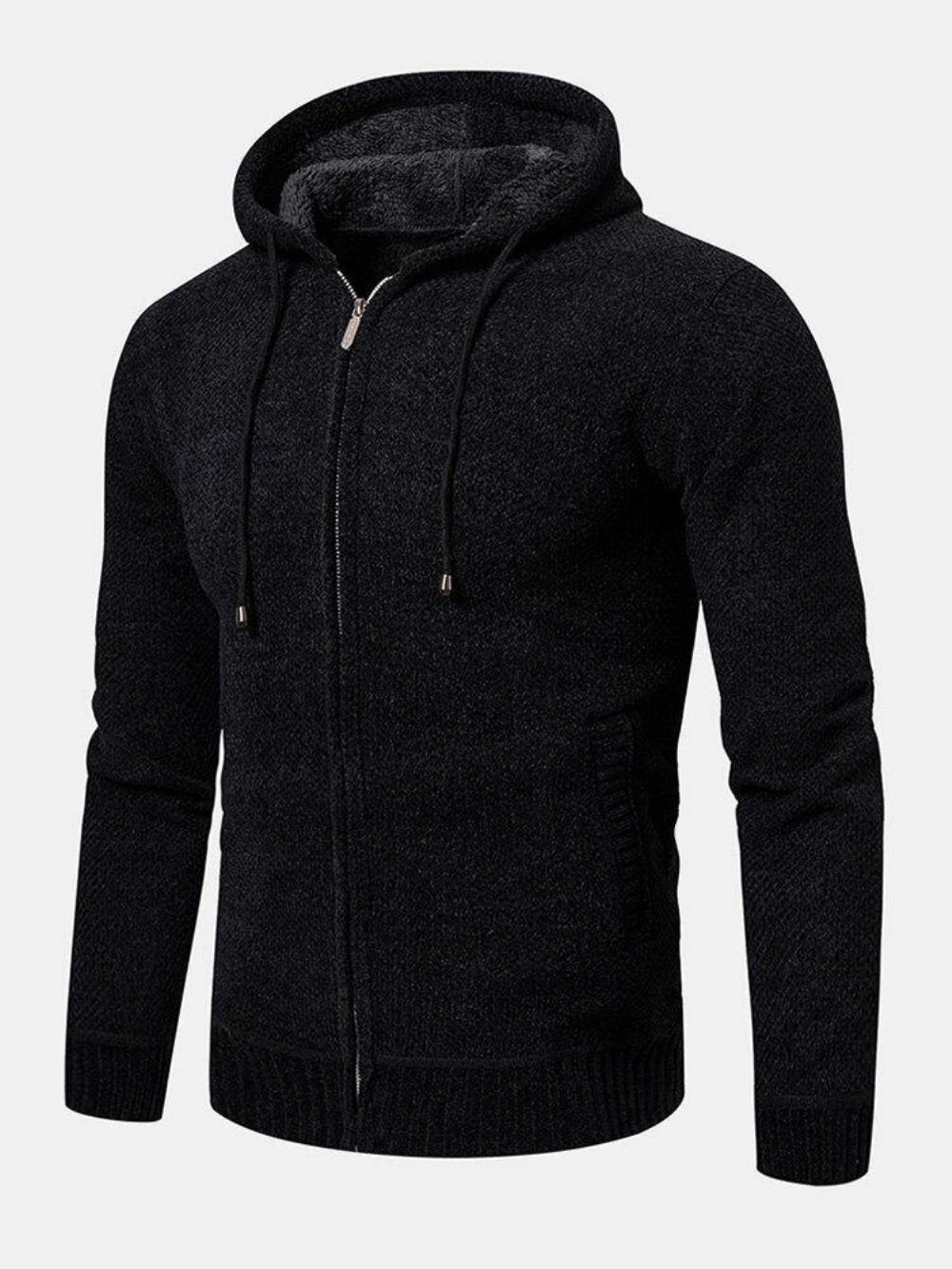 Herren Strickreißverschluss Vorne Einfarbig Warm Langarm Kapuzenpullover Hoodie Jacke