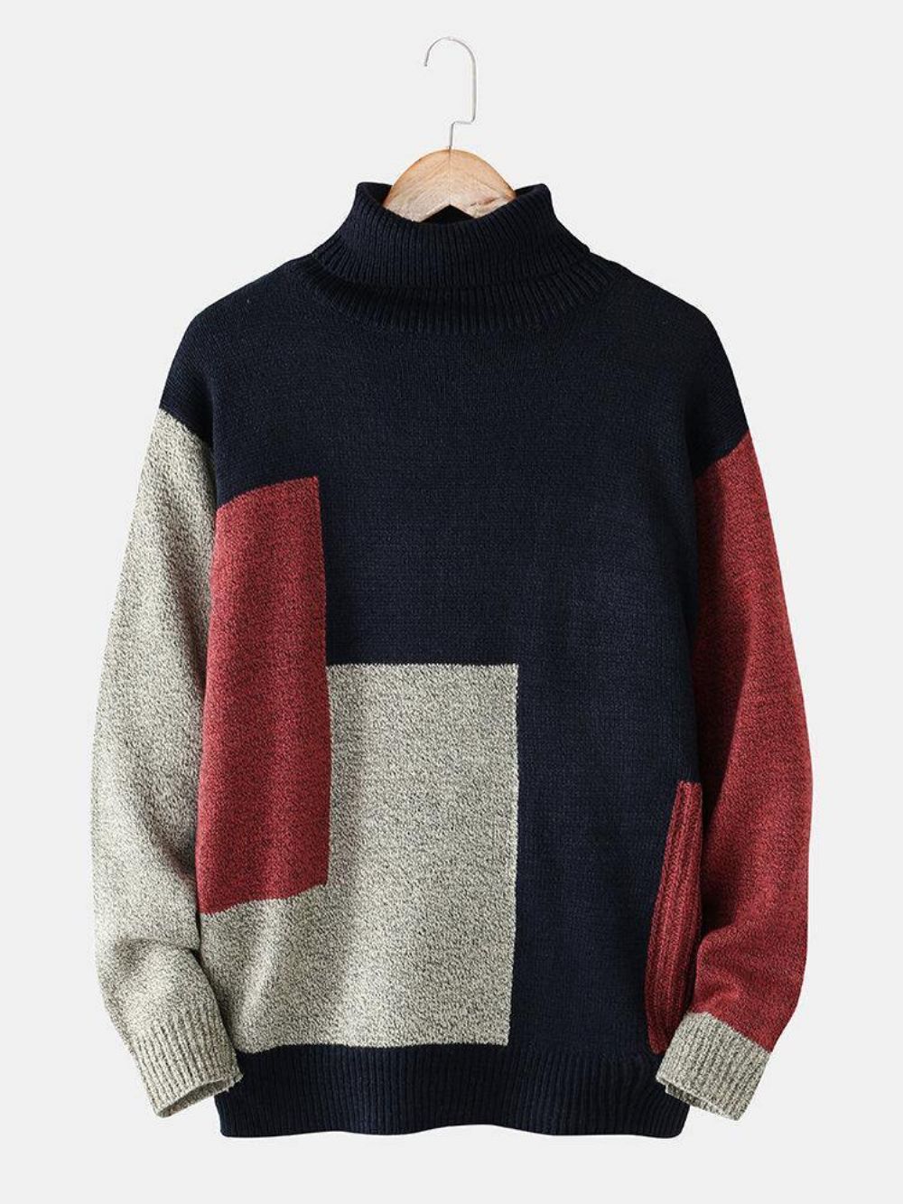 Rollkragen-Strick-Ripp-Casual-Pullover Mit Farbblock Für Herren