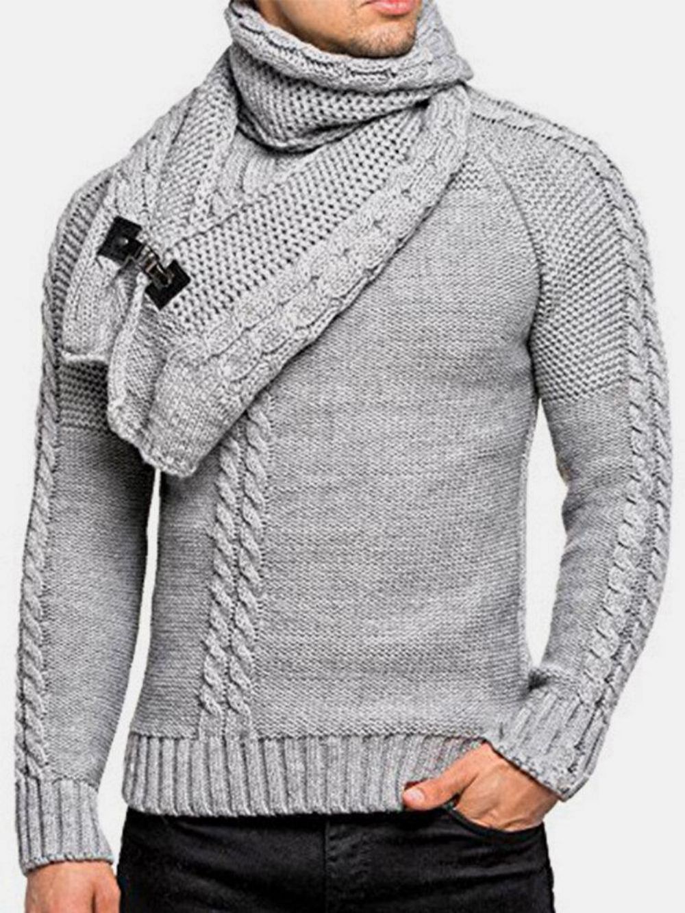 Warmer Einfarbiger Rundhals-Langarm-Strickpullover Für Herren Mit Schal