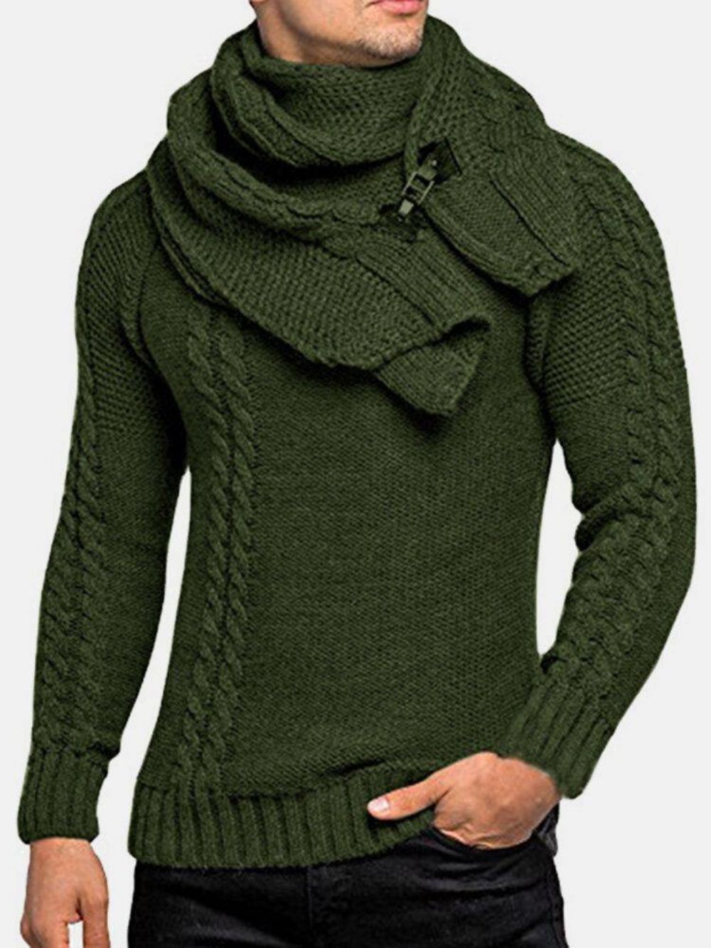 Warmer Einfarbiger Rundhals-Langarm-Strickpullover Für Herren Mit Schal