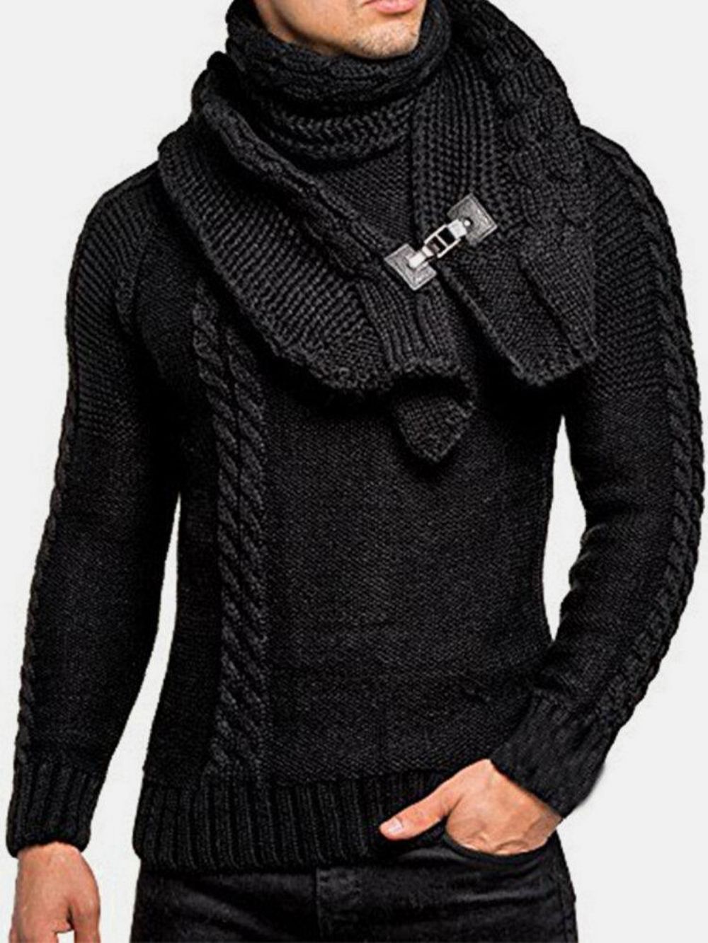 Warmer Einfarbiger Rundhals-Langarm-Strickpullover Für Herren Mit Schal