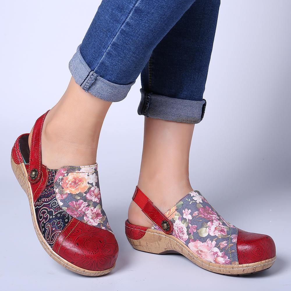 Damen Super Bequem Bloom Blumen Spleißen Retro-Muster Stitching Slip On Flache Schuhe