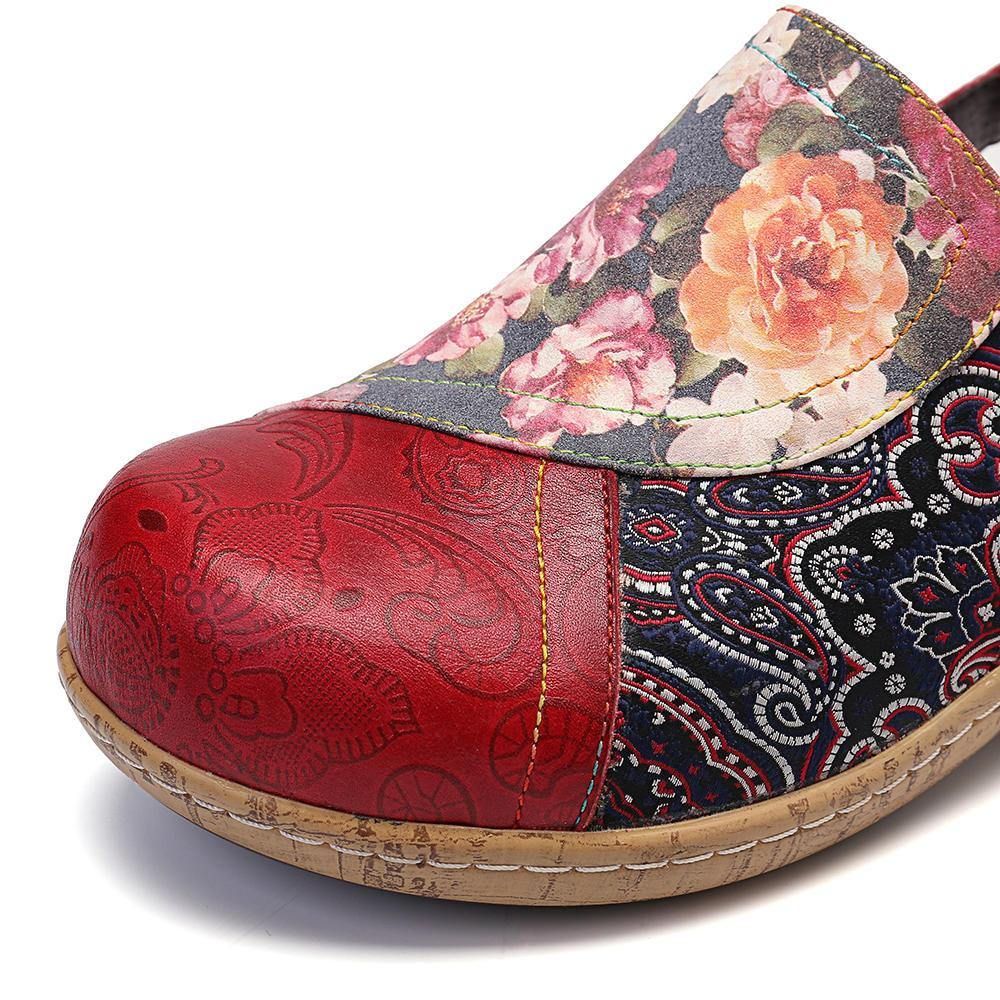 Damen Super Bequem Bloom Blumen Spleißen Retro-Muster Stitching Slip On Flache Schuhe