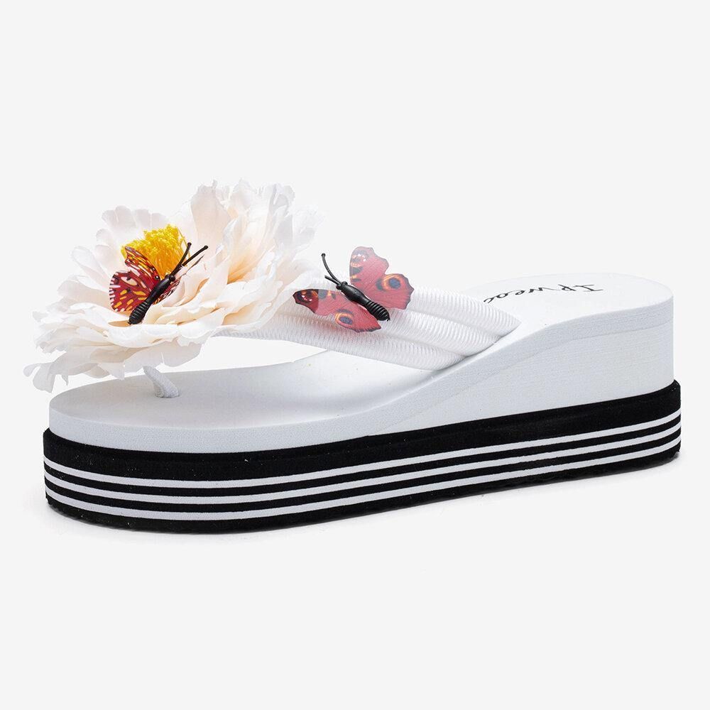 Frauen Blumen Schmetterling Dekor Clip Toe Beach Plateau Hausschuhe