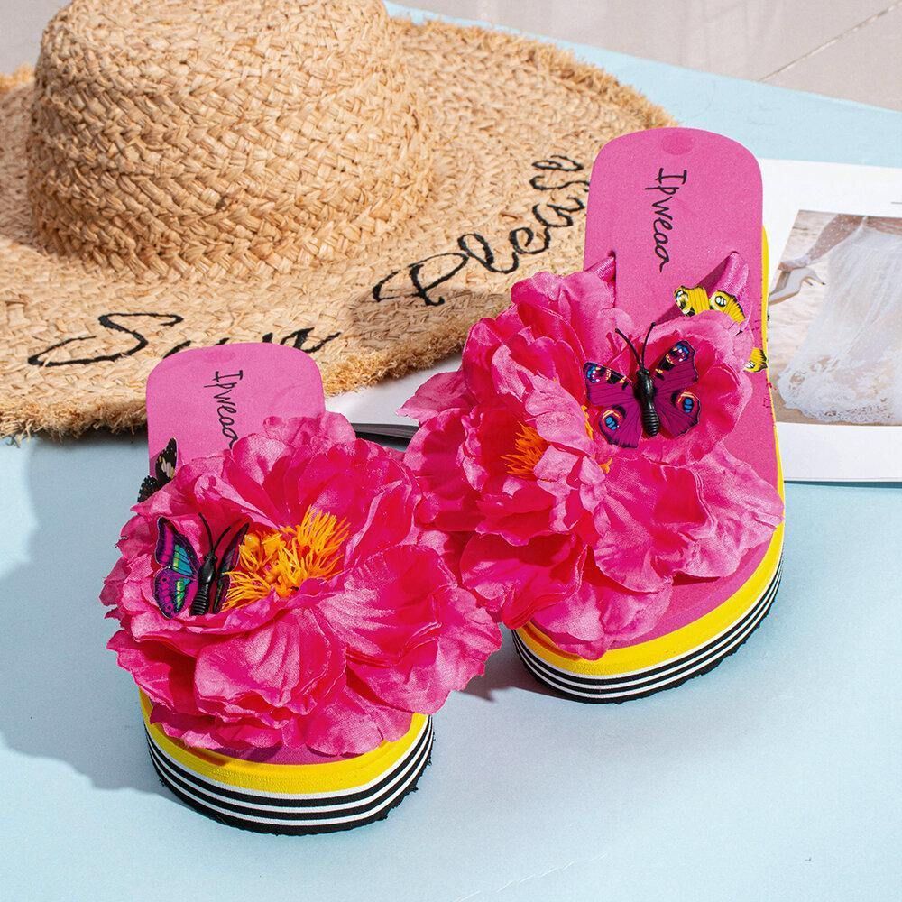 Frauen Blumen Schmetterling Dekor Clip Toe Beach Plateau Hausschuhe