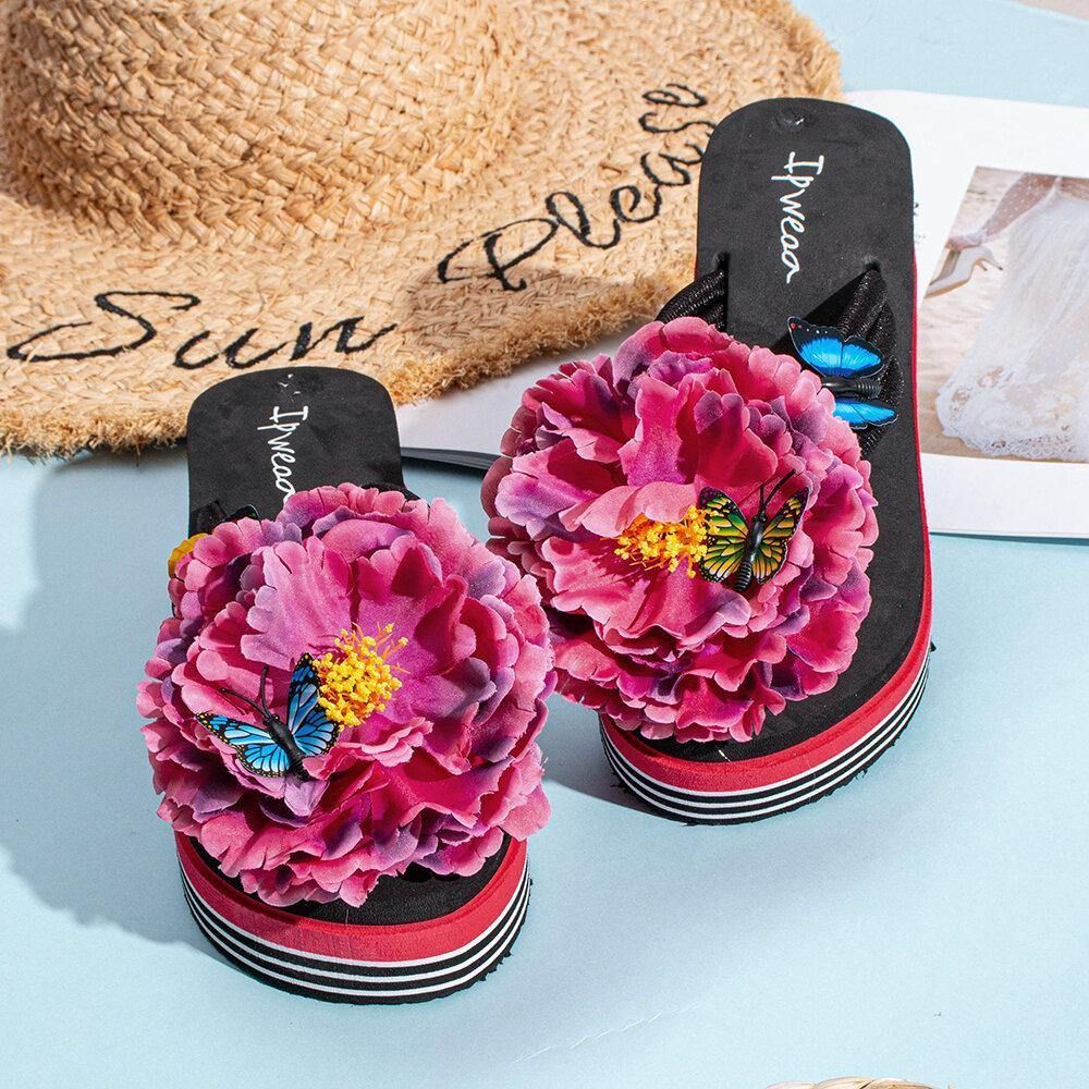 Frauen Blumen Schmetterling Dekor Clip Toe Beach Plateau Hausschuhe