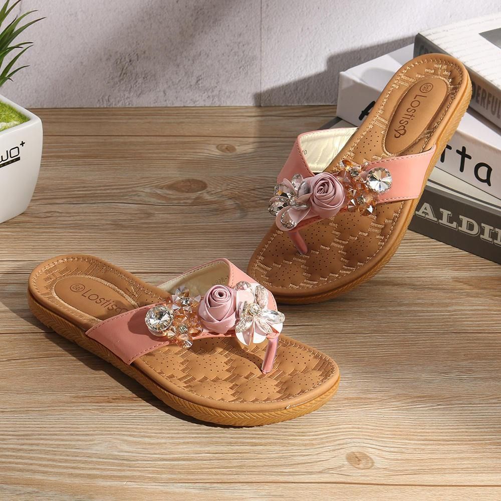 Frauen Strand Blumen Strass Clip Toe Hausschuhe