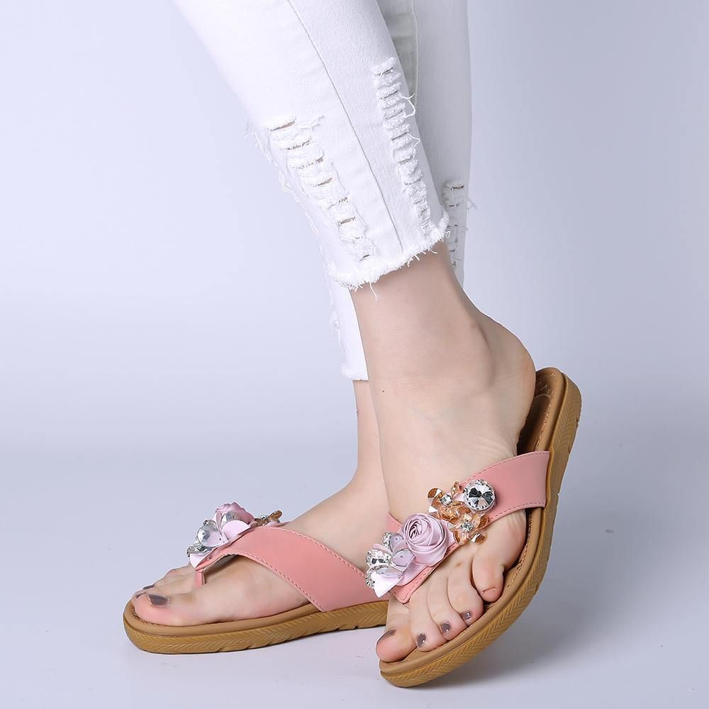 Frauen Strand Blumen Strass Clip Toe Hausschuhe