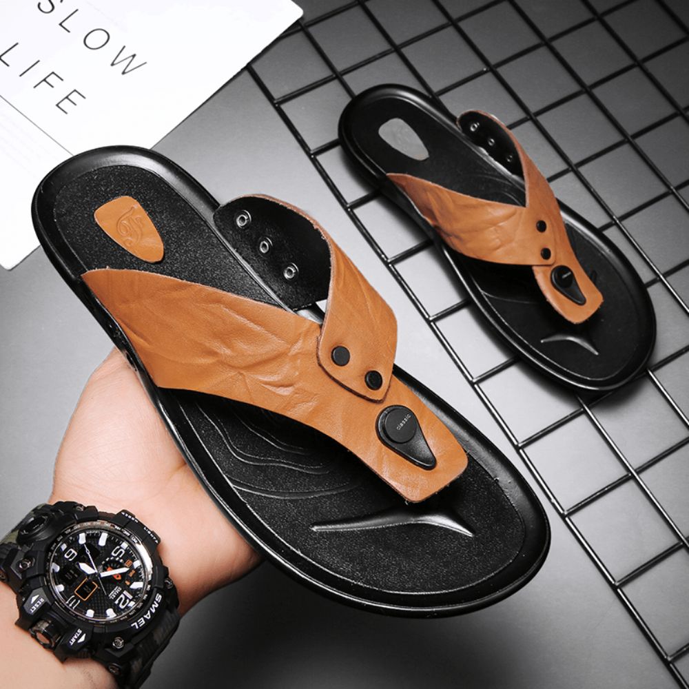 Männer Leder Atmungsaktive Weiche Sohle Rutschfeste Bequeme Outdoor Flip Flops Lässige Hausschuhe