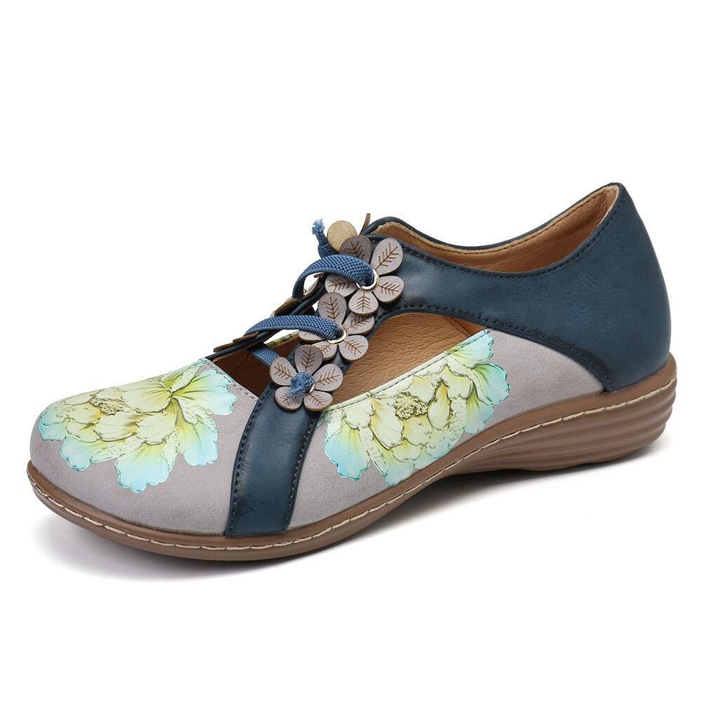 Blumenmuster Elastisches Band Runde Zehen Die Retro-Casual-Flache Schuhe Spleißen