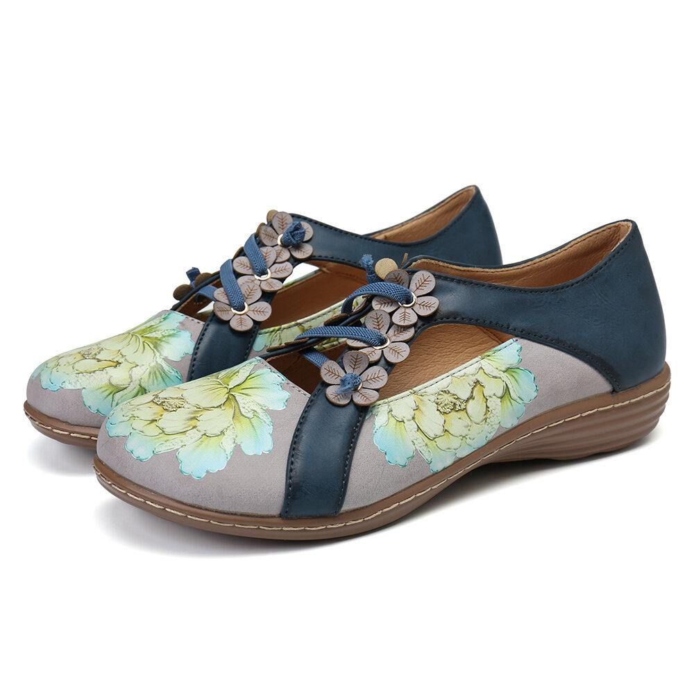 Blumenmuster Elastisches Band Runde Zehen Die Retro-Casual-Flache Schuhe Spleißen