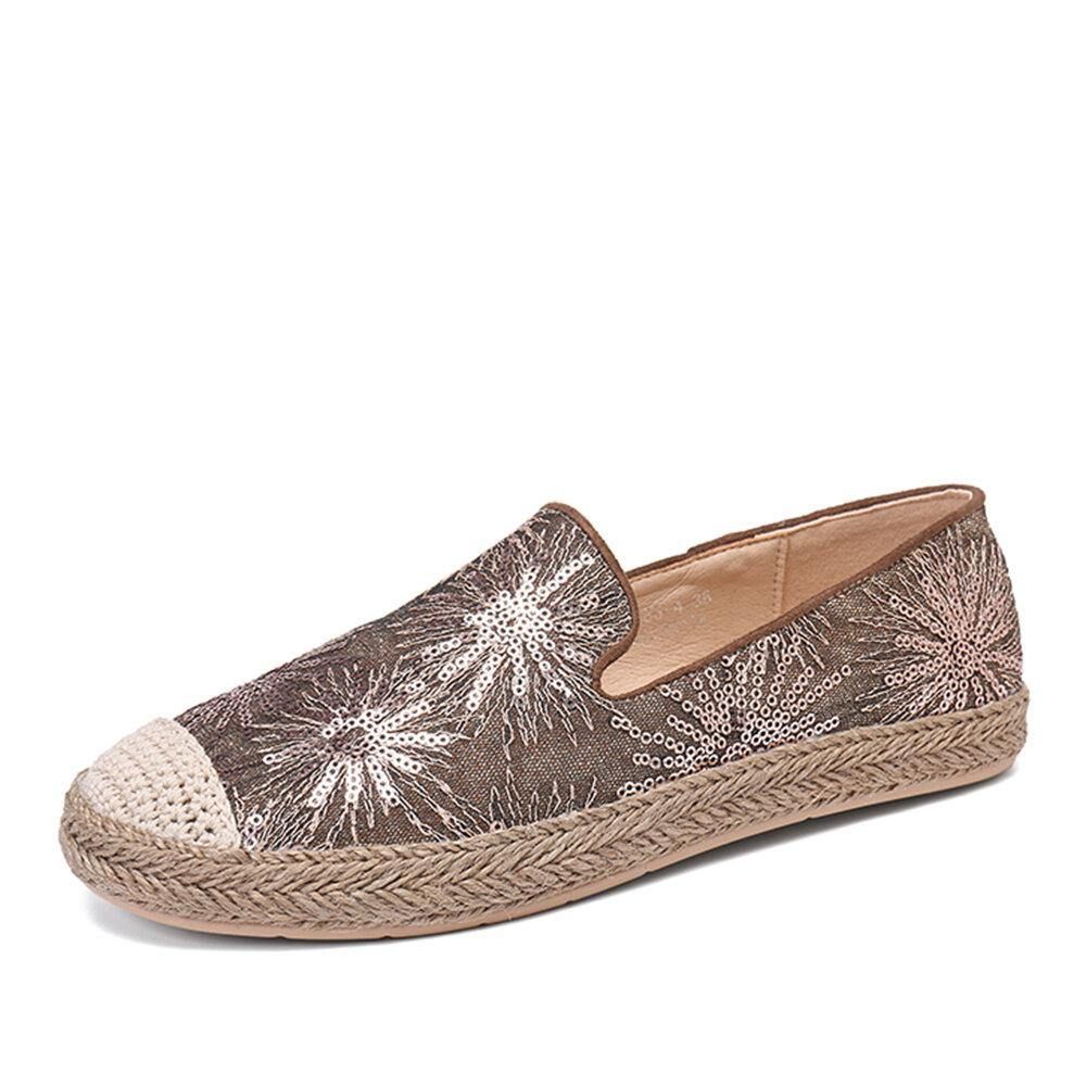 Damen Casual Pailletten Blumen Muster Espadrille Flache Schuhe Müßiggänger