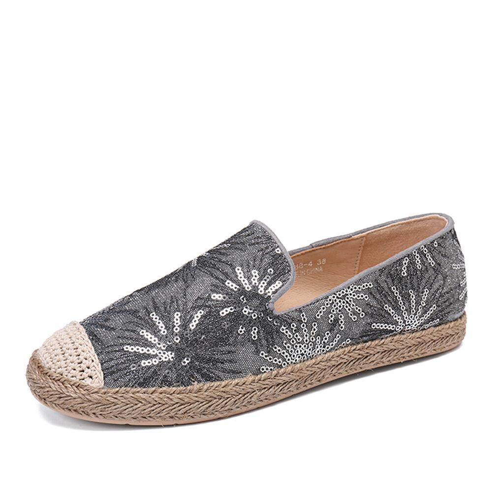 Damen Casual Pailletten Blumen Muster Espadrille Flache Schuhe Müßiggänger