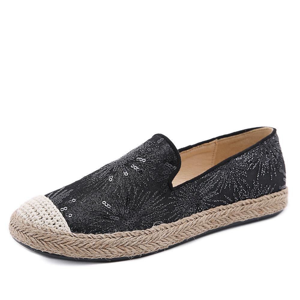 Damen Casual Pailletten Blumen Muster Espadrille Flache Schuhe Müßiggänger