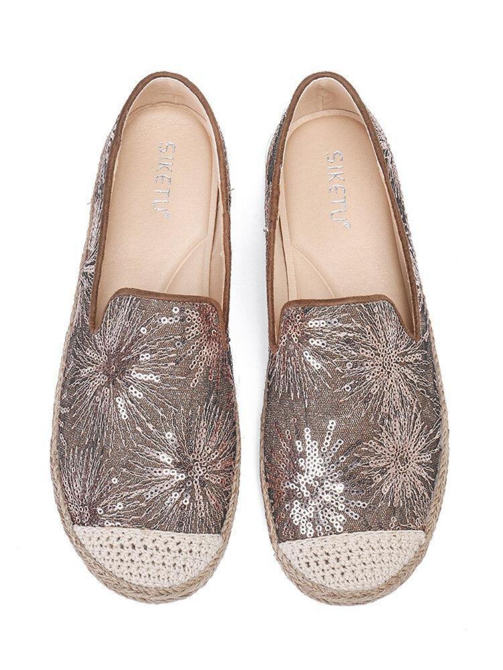 Damen Casual Pailletten Blumen Muster Espadrille Flache Schuhe Müßiggänger