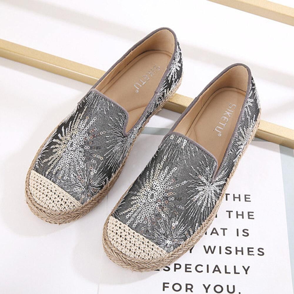 Damen Casual Pailletten Blumen Muster Espadrille Flache Schuhe Müßiggänger