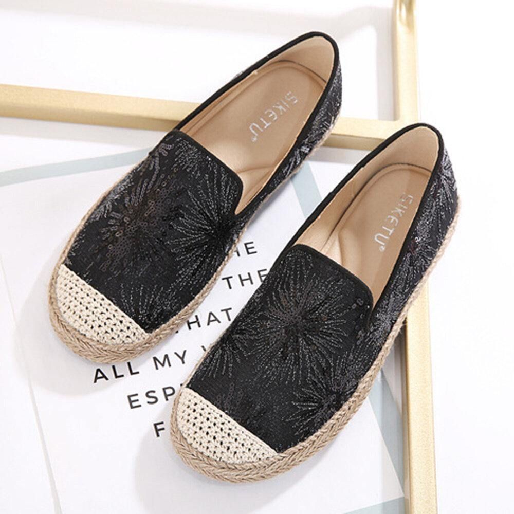 Damen Casual Pailletten Blumen Muster Espadrille Flache Schuhe Müßiggänger