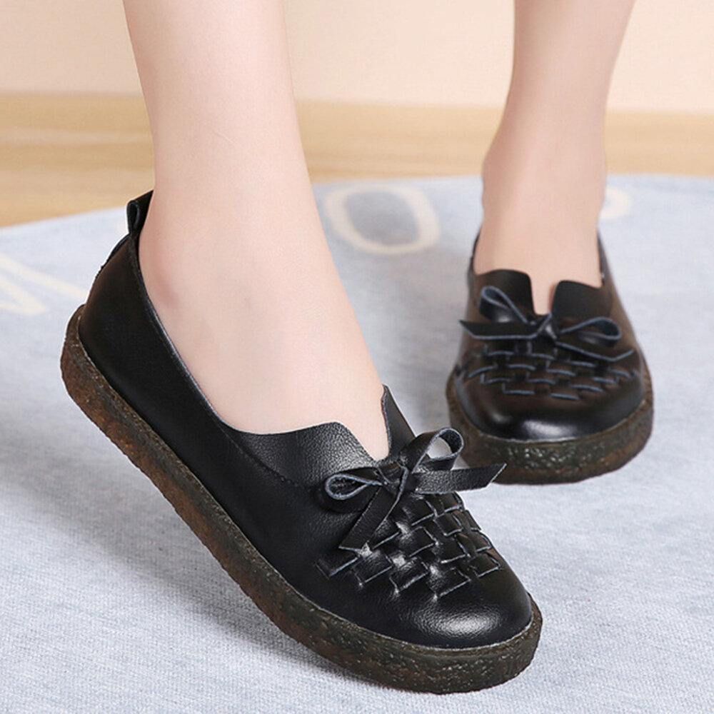 Damen-Leder Zum Hineinschlüpfen Einfarbig Gewebt Bowknot Asakuchi Flache Schuhe Loafer Schuhe