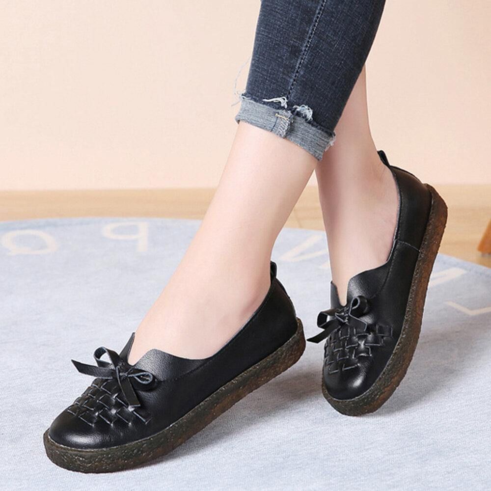 Damen-Leder Zum Hineinschlüpfen Einfarbig Gewebt Bowknot Asakuchi Flache Schuhe Loafer Schuhe