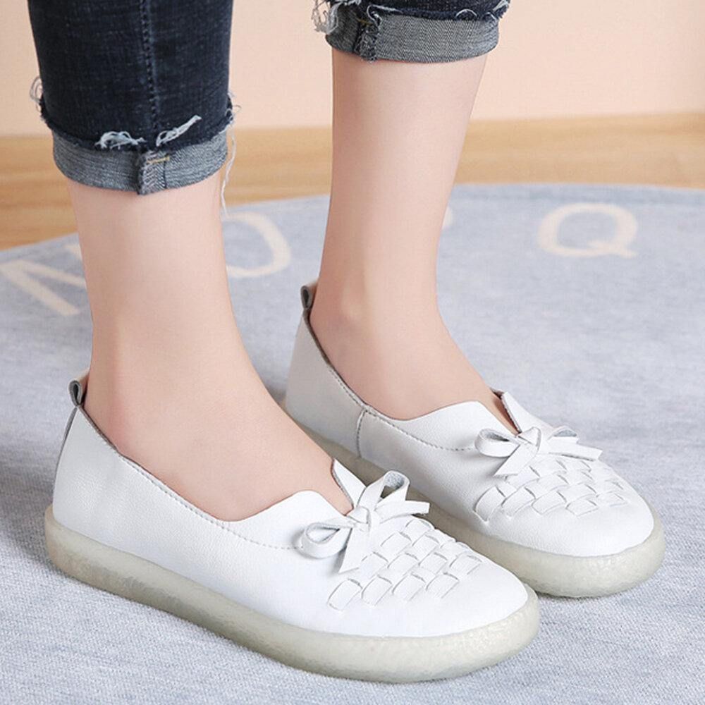 Damen-Leder Zum Hineinschlüpfen Einfarbig Gewebt Bowknot Asakuchi Flache Schuhe Loafer Schuhe