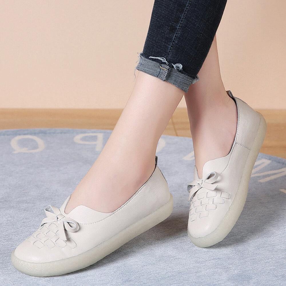 Damen-Leder Zum Hineinschlüpfen Einfarbig Gewebt Bowknot Asakuchi Flache Schuhe Loafer Schuhe