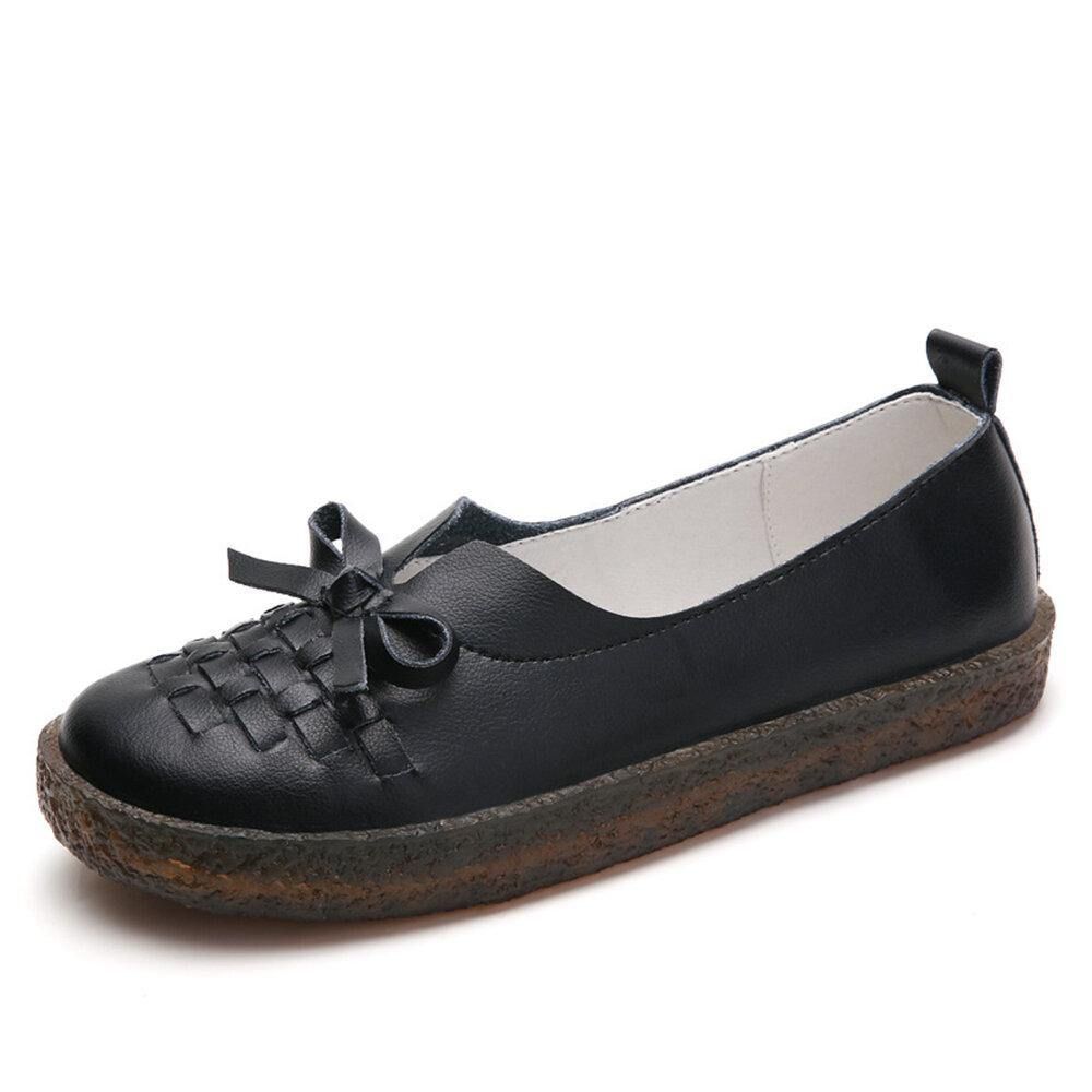 Damen-Leder Zum Hineinschlüpfen Einfarbig Gewebt Bowknot Asakuchi Flache Schuhe Loafer Schuhe