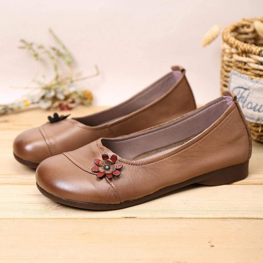 Damen-Lederblumen Zum Hineinschlüpfen Flache Loafer-Schuhe