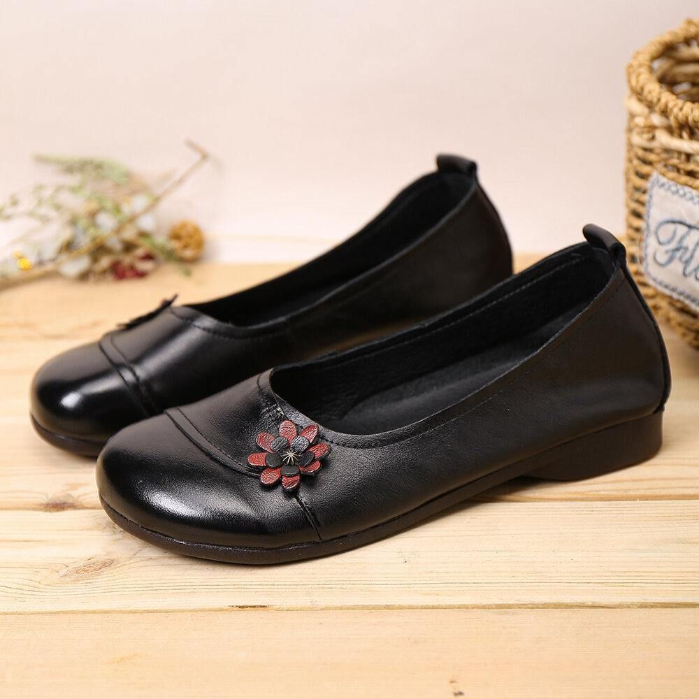 Damen-Lederblumen Zum Hineinschlüpfen Flache Loafer-Schuhe