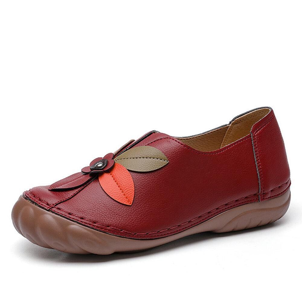 Damen Retro-Blumennähte Bequeme Runde Zehen-Slip-On-Flat-Loafer-Schuhe