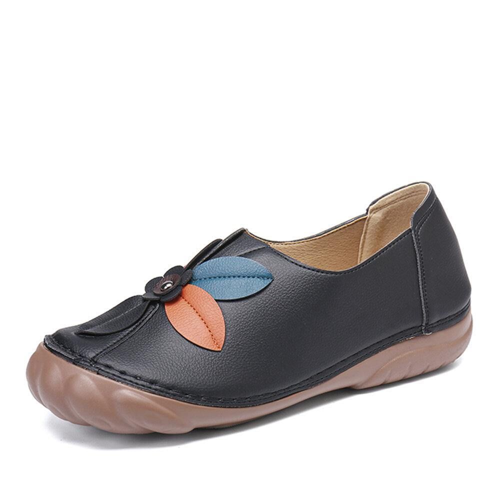 Damen Retro-Blumennähte Bequeme Runde Zehen-Slip-On-Flat-Loafer-Schuhe