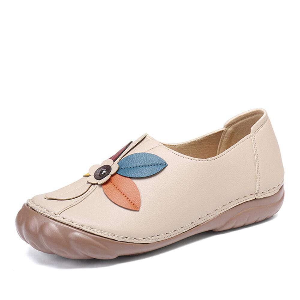 Damen Retro-Blumennähte Bequeme Runde Zehen-Slip-On-Flat-Loafer-Schuhe