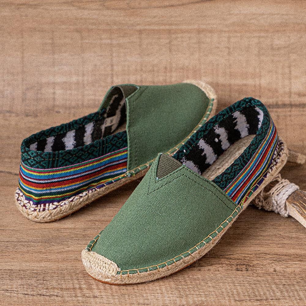 Ethnisches Spleißen Bunt Gestreiftes Leinen Bequemer Atmungsaktiver Slip-On Lässige Espadrille-Flachschuhe