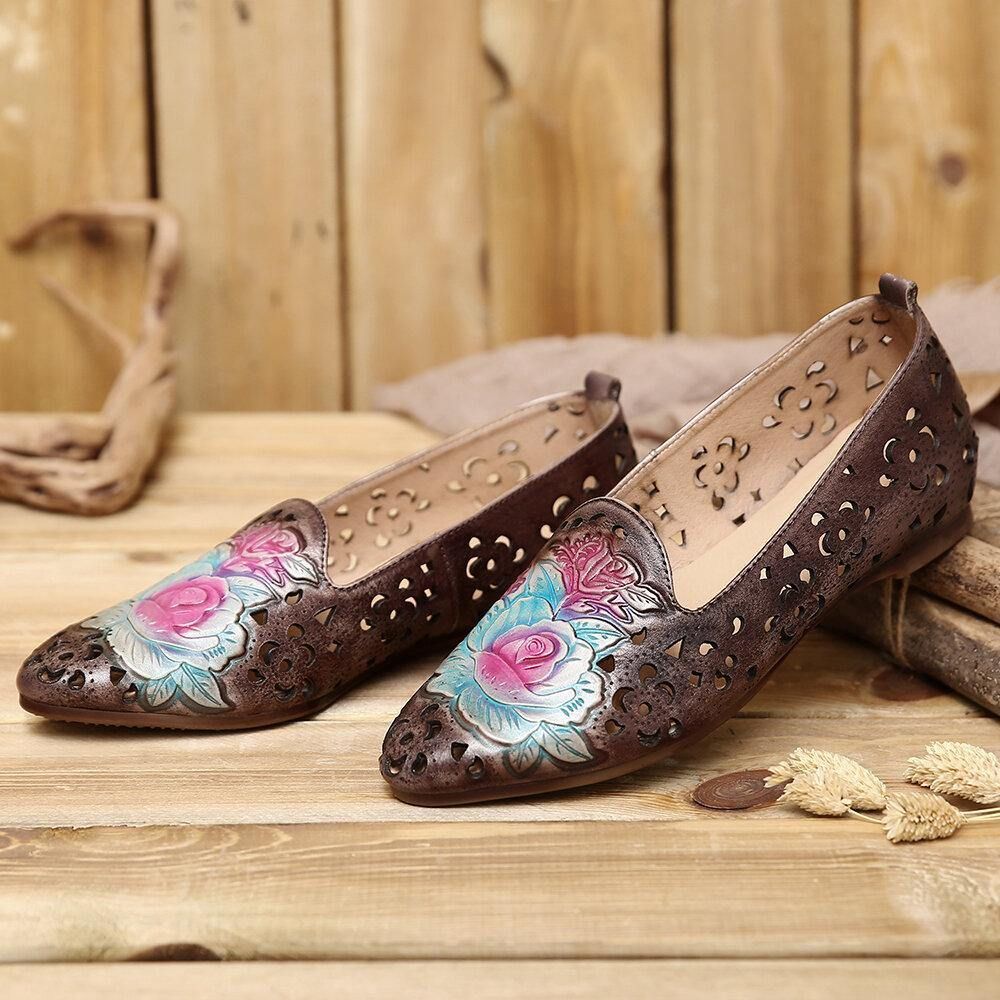 Flacher Eleganter Loafer Aus Echtem Leder Mit Retro-Prägung Zarter Pfingstrose Hohlem Blumenmuster