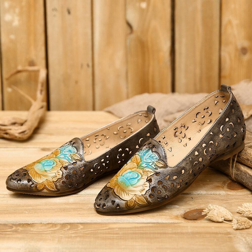 Flacher Eleganter Loafer Aus Echtem Leder Mit Retro-Prägung Zarter Pfingstrose Hohlem Blumenmuster