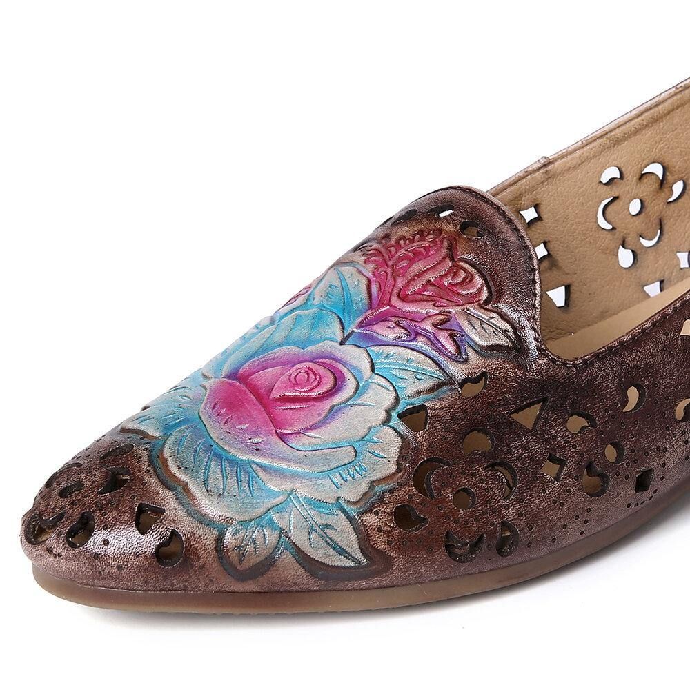 Flacher Eleganter Loafer Aus Echtem Leder Mit Retro-Prägung Zarter Pfingstrose Hohlem Blumenmuster