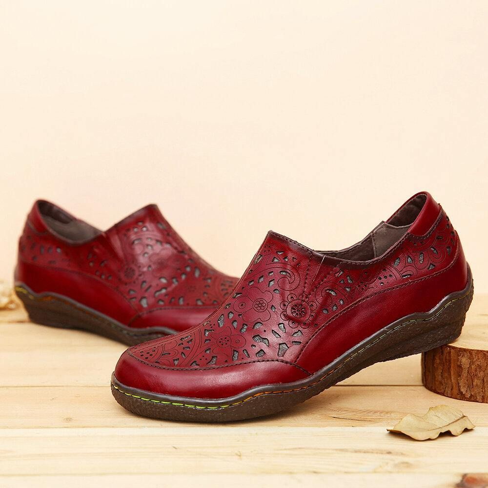 Leder-Loafer Mit Floralen Ausschnitten Seitlichem Reißverschluss Rutschfeste Flache Schuhe