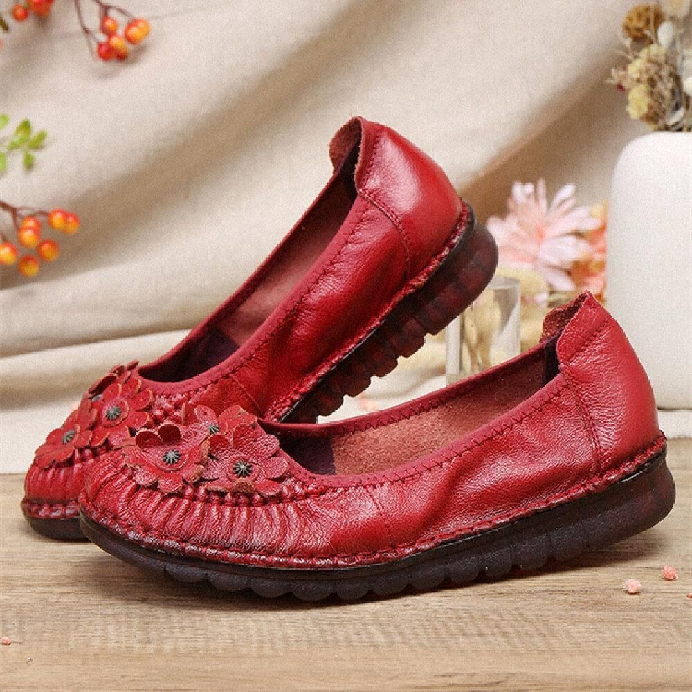 Retro-Blumen-Dekor Bequemes Leder Rutschfeste Weiche Sohle Lässige Flache Schuhe Zum Hineinschlüpfen