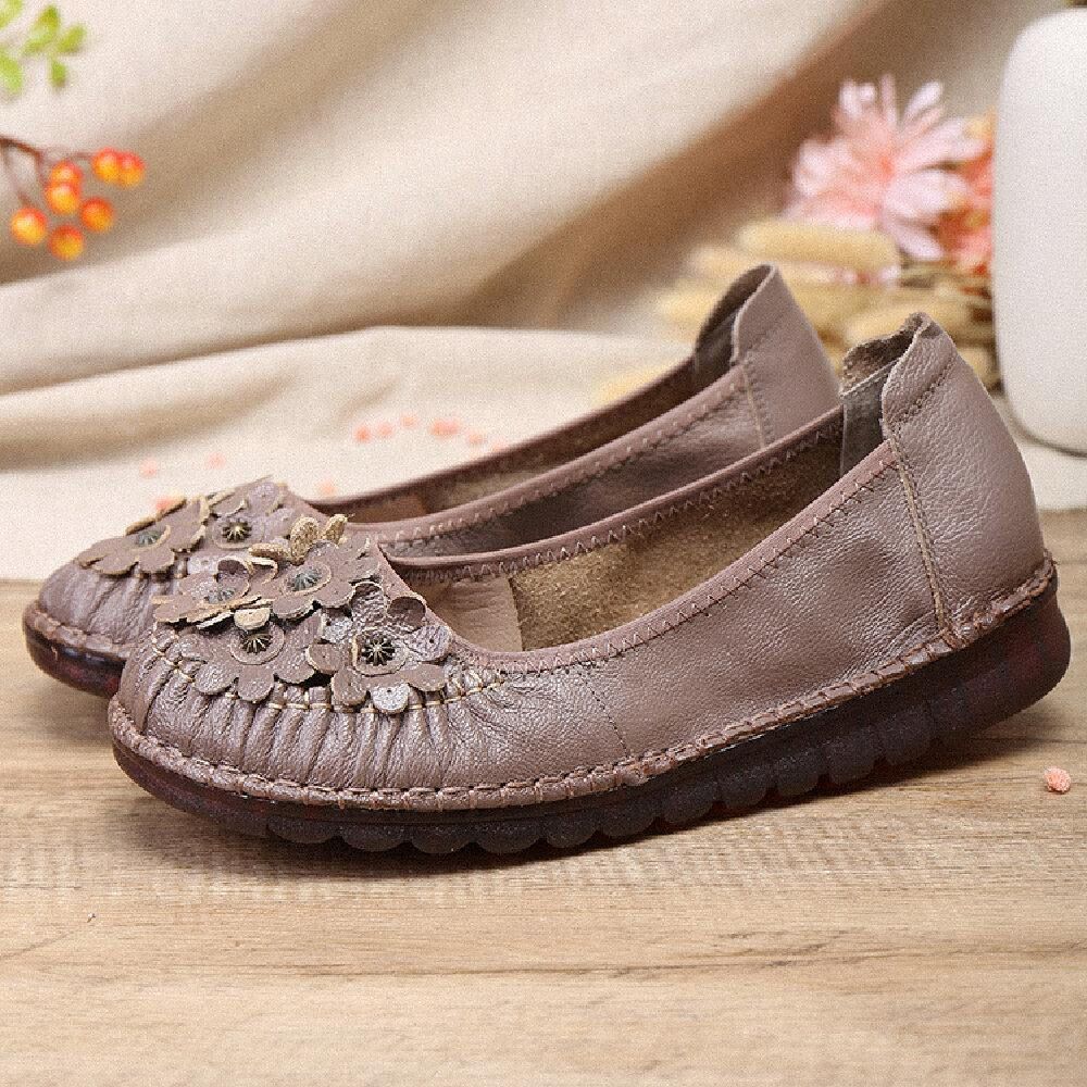 Retro-Blumen-Dekor Bequemes Leder Rutschfeste Weiche Sohle Lässige Flache Schuhe Zum Hineinschlüpfen