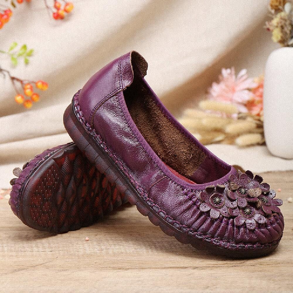 Retro-Blumen-Dekor Bequemes Leder Rutschfeste Weiche Sohle Lässige Flache Schuhe Zum Hineinschlüpfen