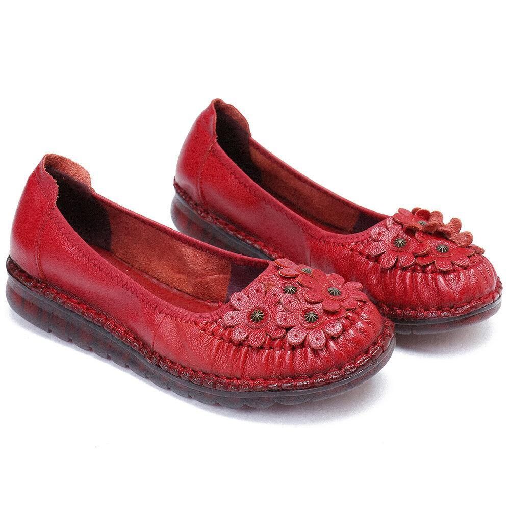 Retro-Blumen-Dekor Bequemes Leder Rutschfeste Weiche Sohle Lässige Flache Schuhe Zum Hineinschlüpfen