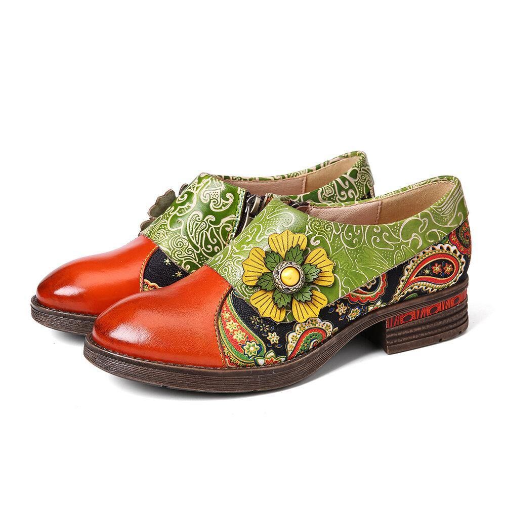 Retro Leder Paisley Splicing Floral Geprägte Bequeme Flache Schuhe Aus Echtem Leder