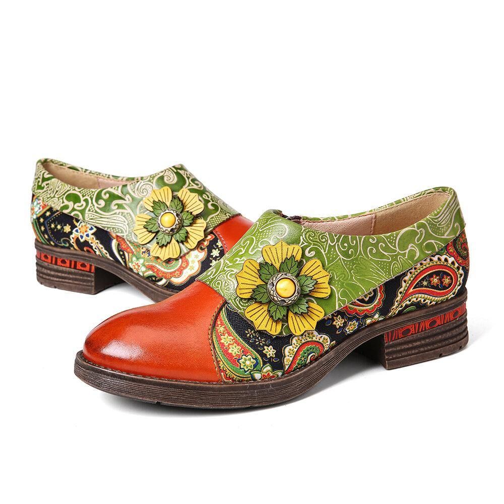 Retro Leder Paisley Splicing Floral Geprägte Bequeme Flache Schuhe Aus Echtem Leder