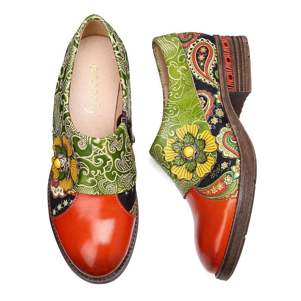 Retro Leder Paisley Splicing Floral Geprägte Bequeme Flache Schuhe Aus Echtem Leder